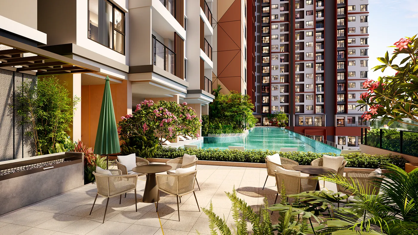 Phối cảnh khu BBQ cạnh hồ bơi tầng 6 dự án SkySOLIS