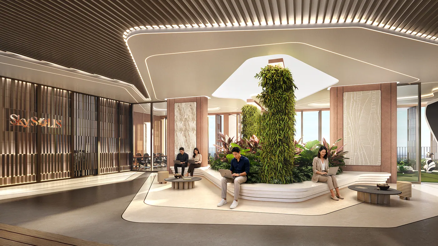 Phối cảnh khu vườn và lounge deck trên cao tại SkySOLIS