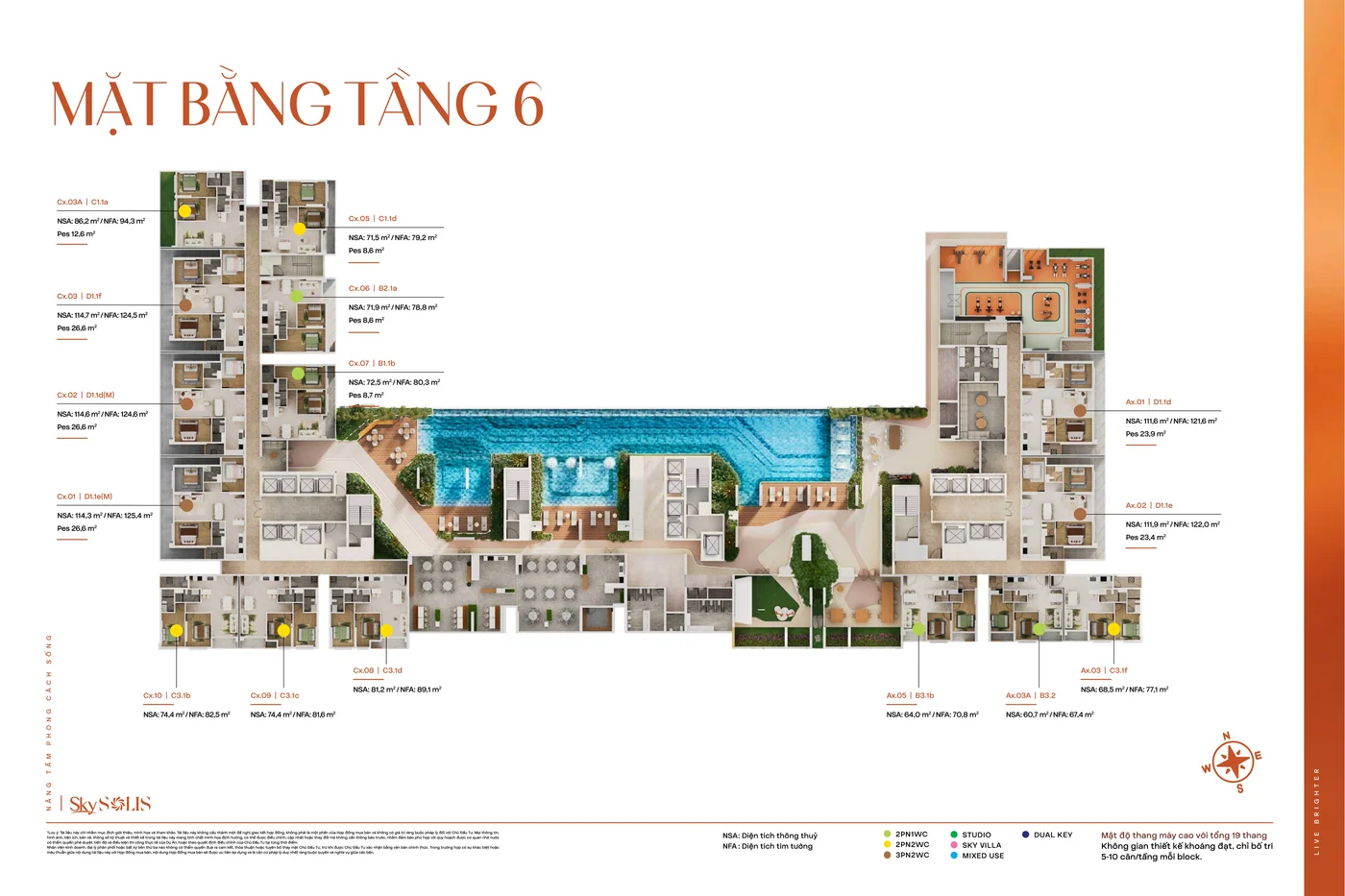 Mặt bằng tầng 6 dự án SkySOLIS, tầng tiện ích với hồ bơi và khối thể thao giải trí