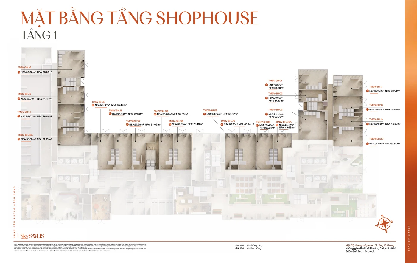 Mặt bằng khối đế shophouse dự án SkySOLIS với 20 căn thương mại dịch vụ
