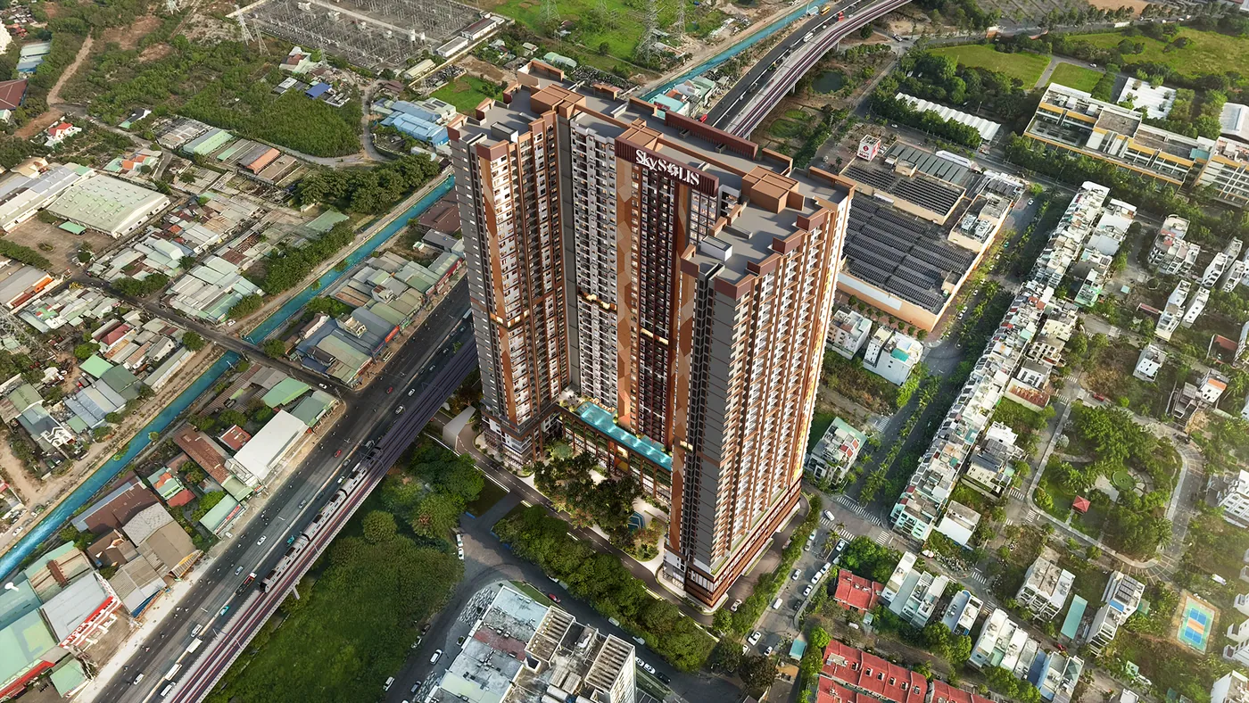 Phối cảnh cận cảnh hệ mặt đứng gợn sóng của SkySOLIS