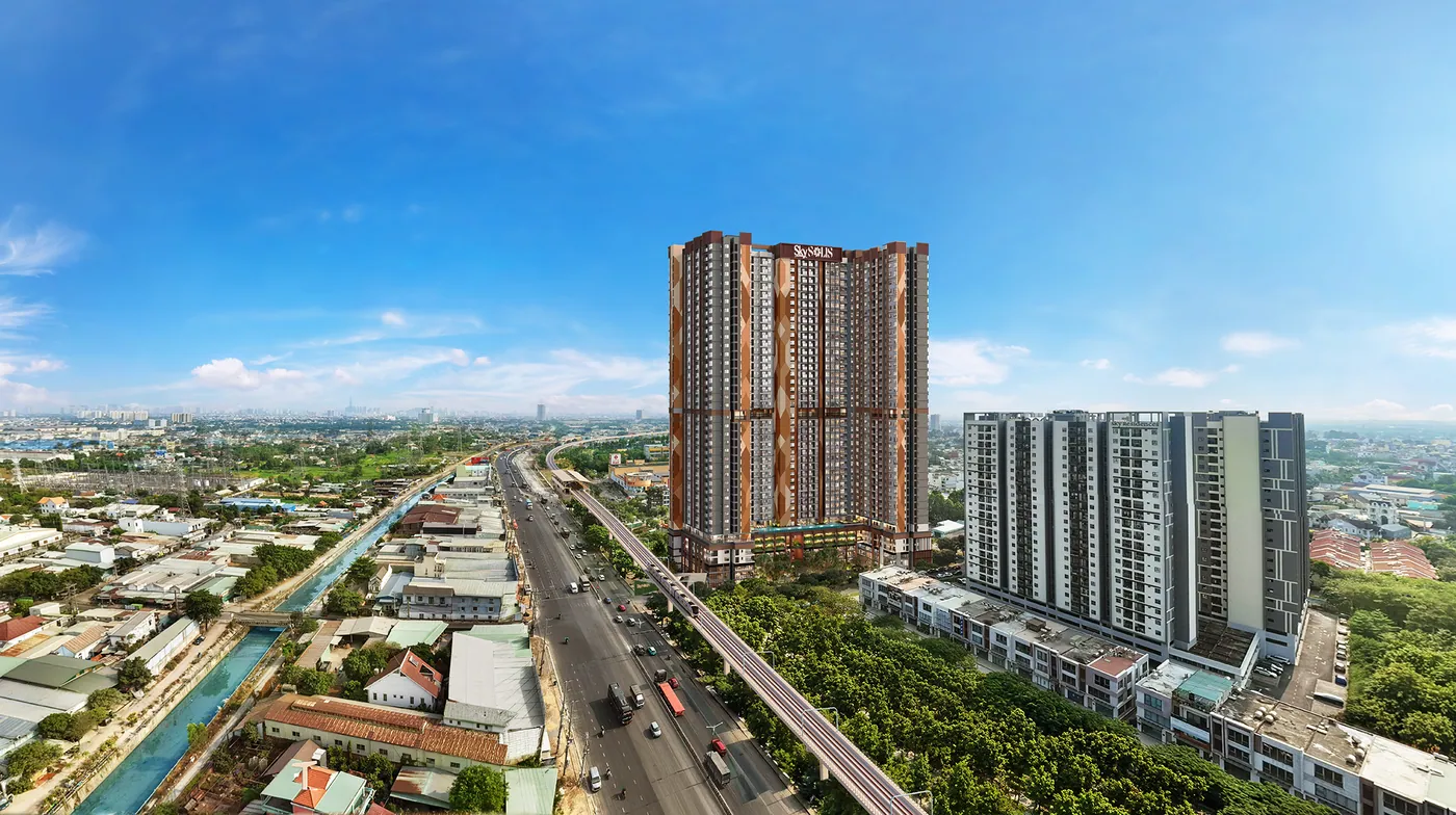Phối cảnh ban ngày mặt đứng dự án SkySOLIS nhìn từ Quốc lộ 13