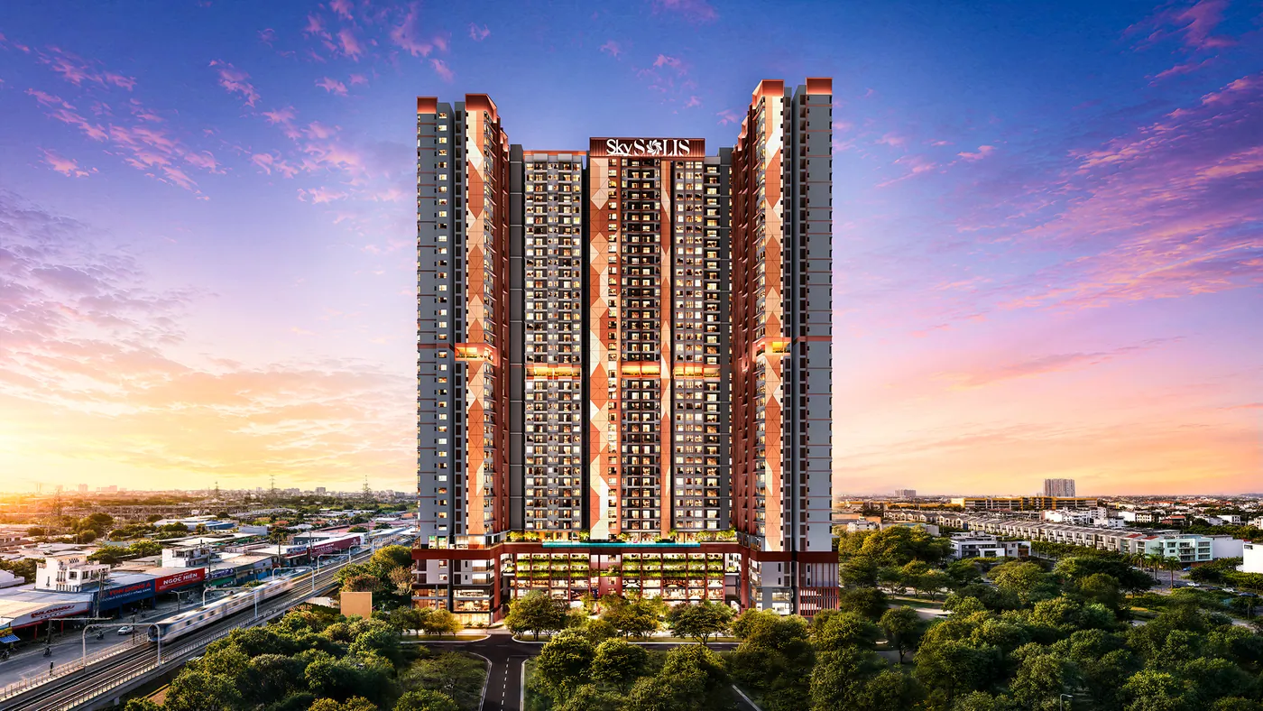 Phối cảnh ban đêm dự án SkySOLIS với hệ mặt đứng phát sáng