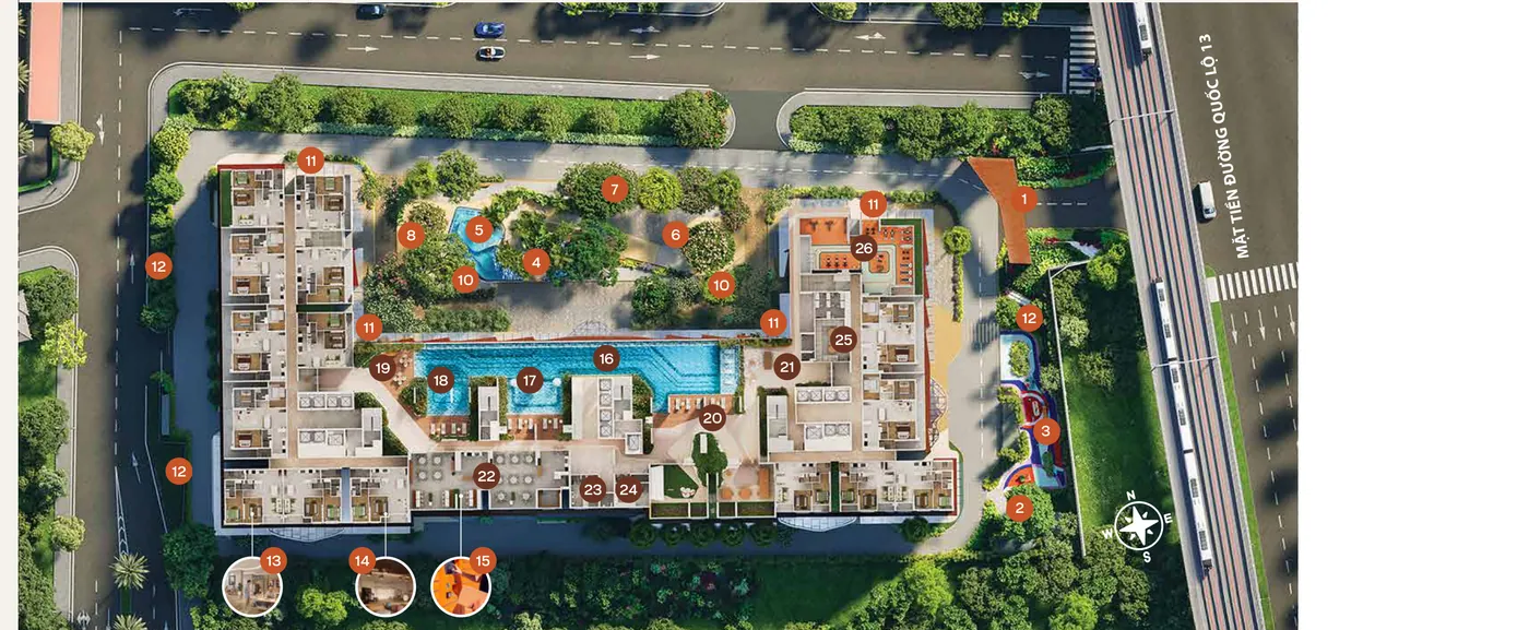 Mặt bằng tổng thể tiện ích SkySOLIS nhìn từ trên cao, đánh số 26 hạng mục tiện ích ở tầng 1 và tầng 6, mặt tiền Quốc lộ 13