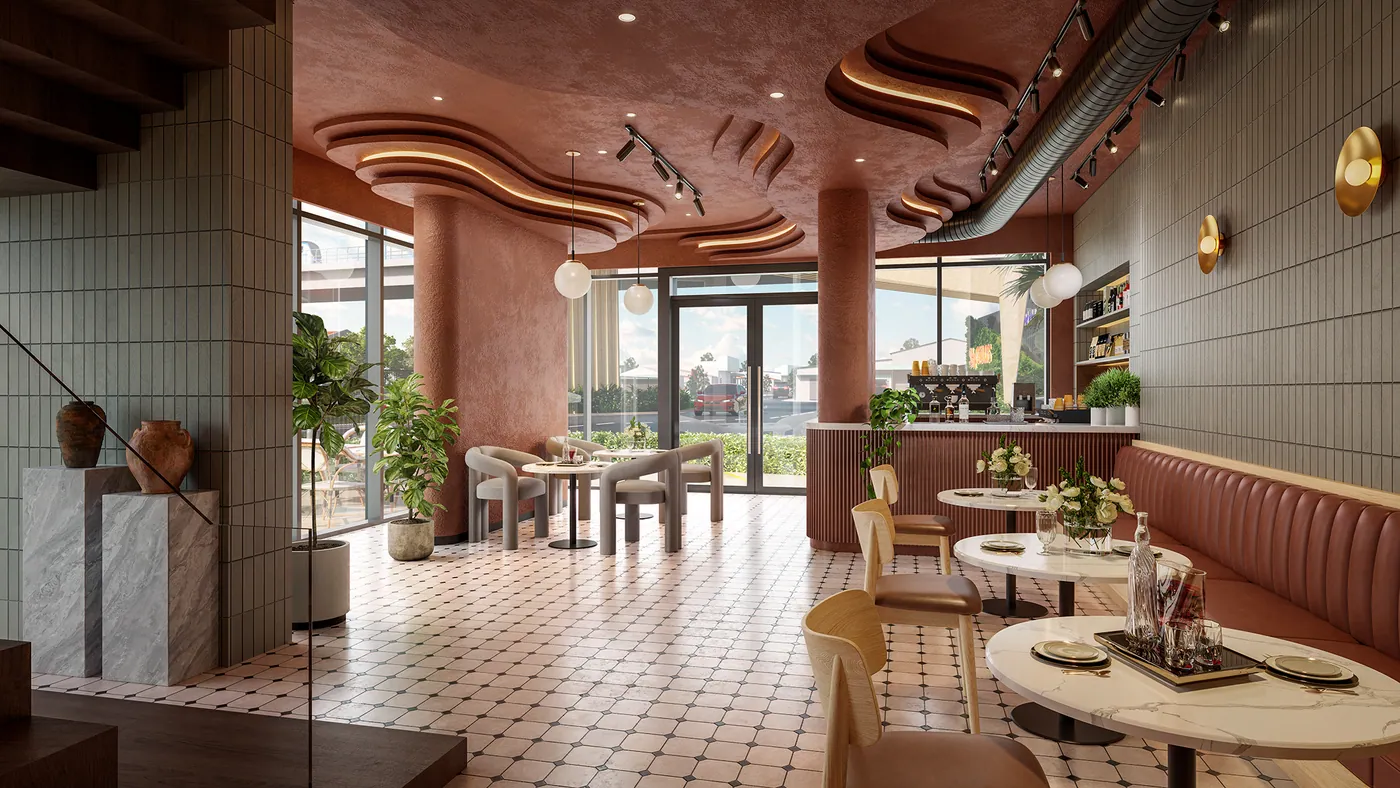 Phối cảnh nội thất shophouse tầng trệt dự án SkySOLIS