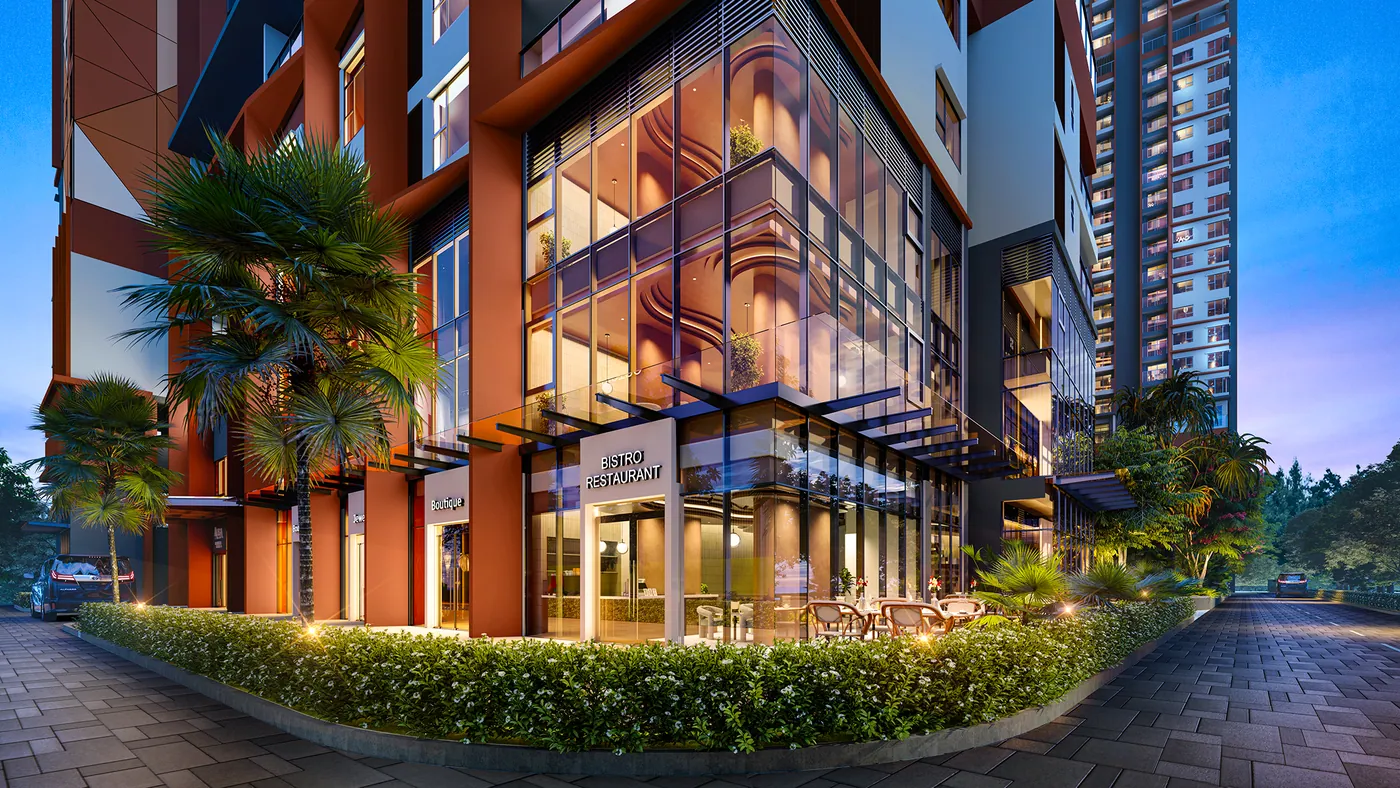 Phối cảnh dãy shophouse khối đế dự án SkySOLIS nhìn từ đường nội khu