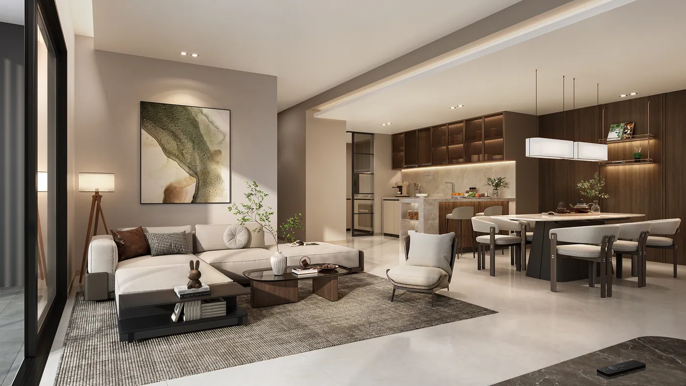 Phối cảnh phòng khách căn hộ Sky Villa tại tháp LYRA của SkySOLIS