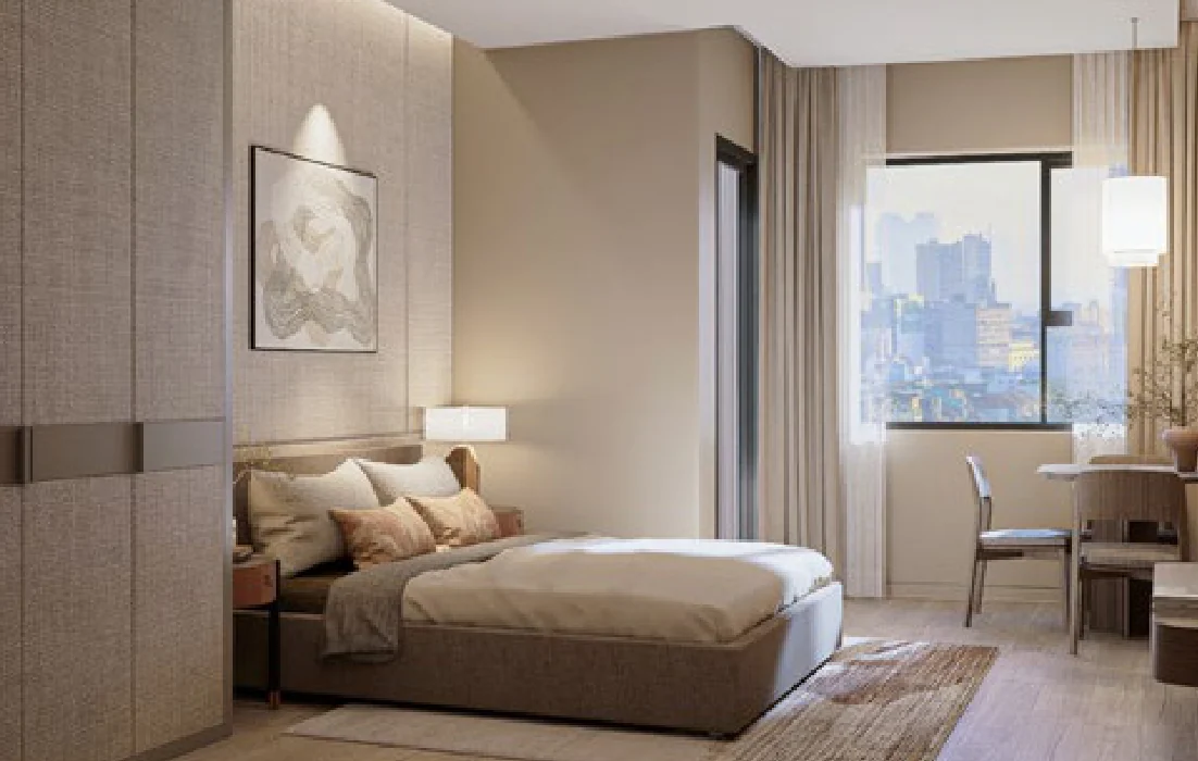 Phối cảnh nội thất căn hộ Studio SkySOLIS với giường và khu làm việc cạnh cửa sổ